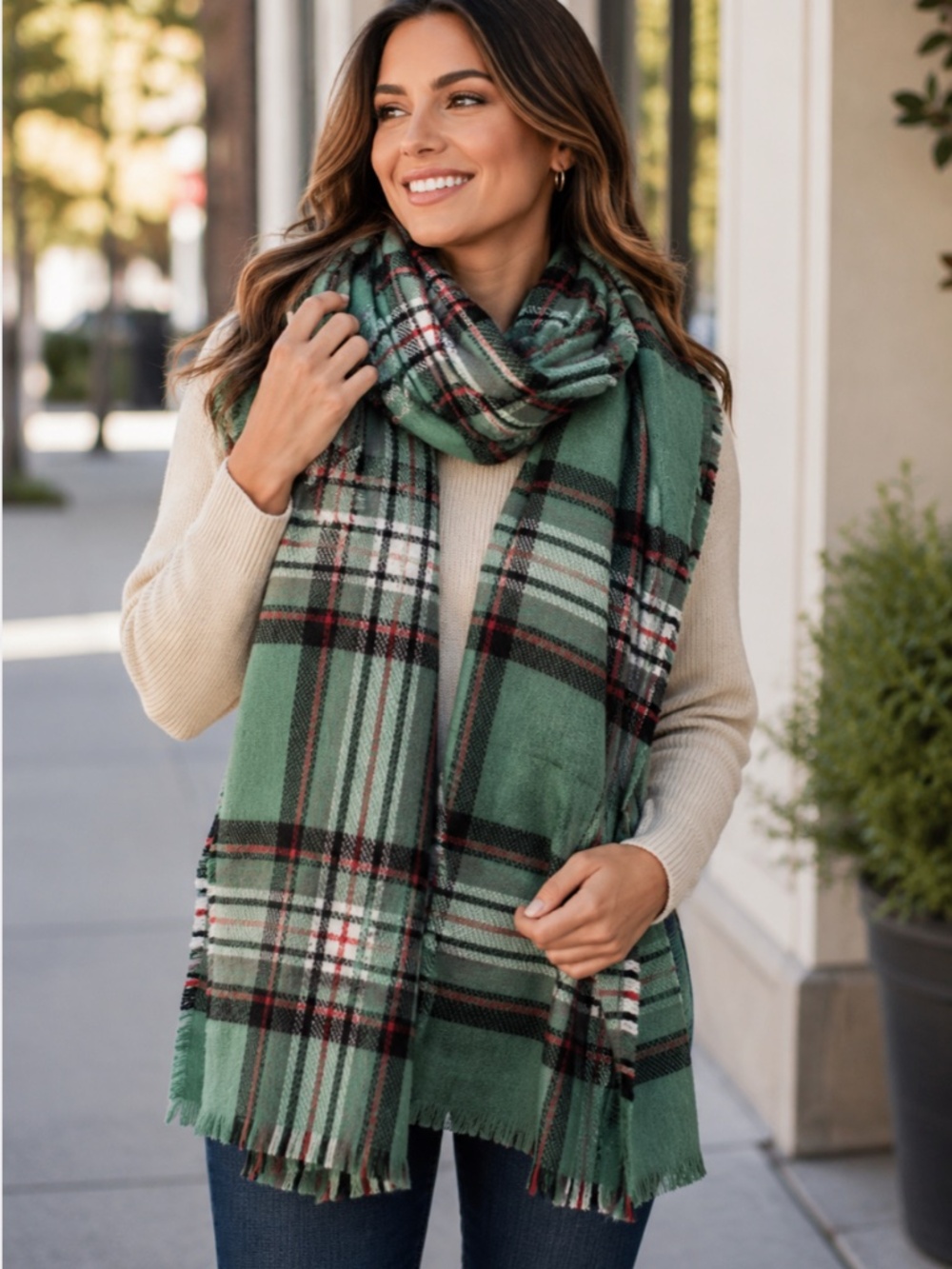 Women's Oversized Green Plaid Blanket Scarf with Fringe